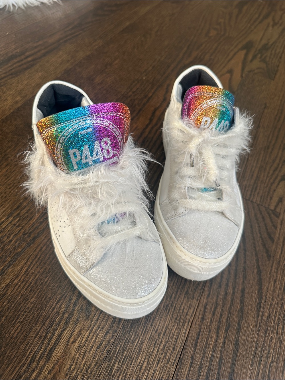 P448 White Glitter Sneakers with Rainbow Glitter Tongue